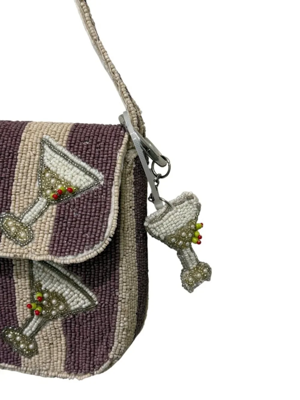 Dirty Martini Olives Striped Beaded Bag with Keychain Charm Handmade India  NWT - Picture 4 of 6